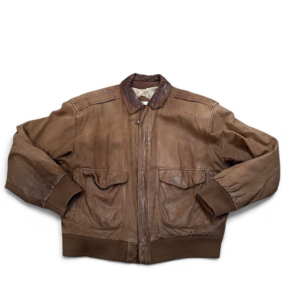Vintage John Weitz Men’s Brown Genuine Leather Bomber Jacket Size Medium